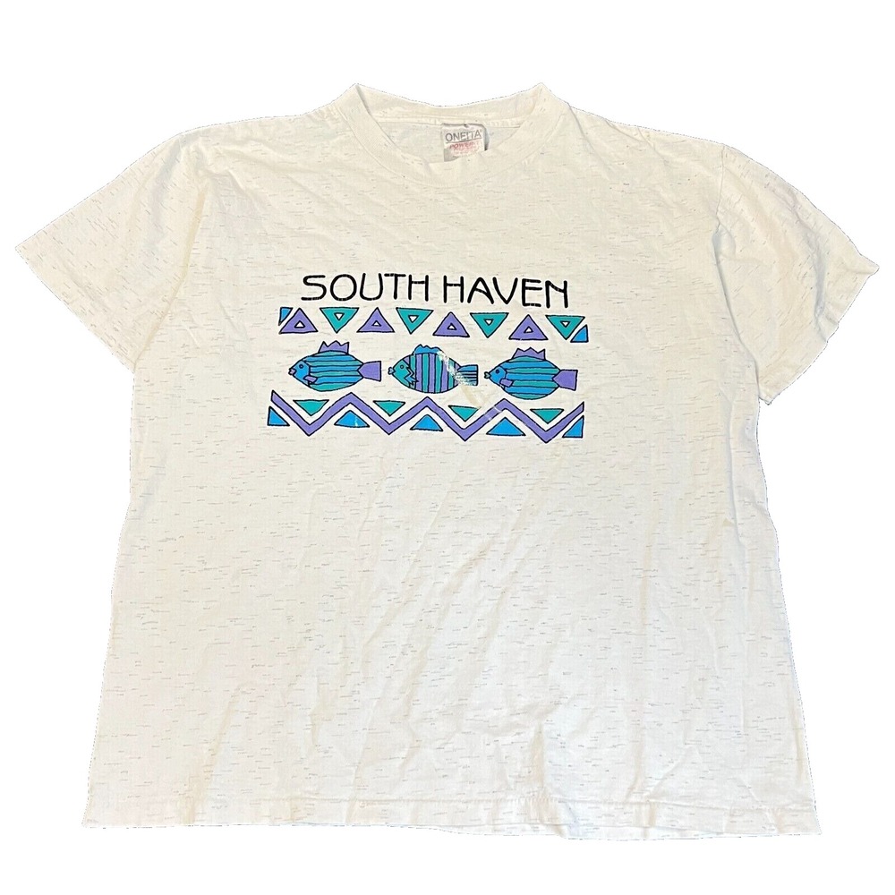 Vintage South Haven‎ Shirt Mens Large White Graphic Print Travel Oneita 90s
